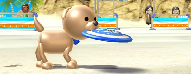 a nintendo wii dog holding a frisbee on a beach